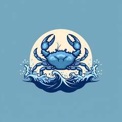 A logo illustration of a crab on a wave on a light blue background. Created with generative AI.
