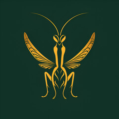 A logo illustration of a praying mantis on a dark green background. Created with generative AI.
