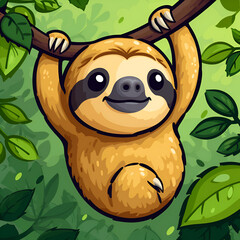 A logo illustration of a sloth hanging from a branch on a light green background. Created with generative AI.