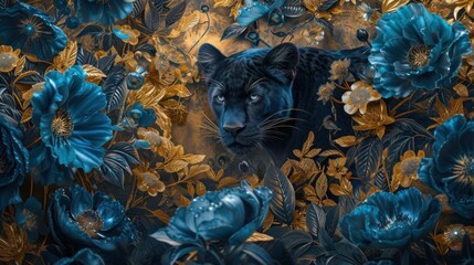 a panther surrounded by blue flowers and golden plants abstract art, blue and golden crane, in the style of light gold and dark black, rococo art and design