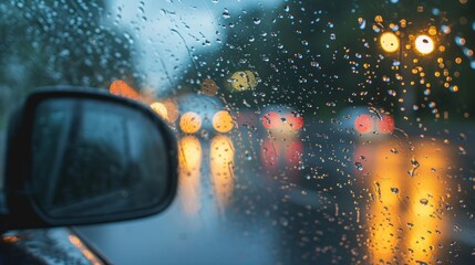Rain shower on car windshield or car window and blurry road in background. Driving in rainy season. Rain drops on car mirror. Traffic road in evening rain