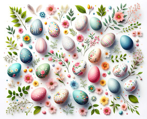 Fototapeta na wymiar A collection of beautifully decorated Easter eggs amidst a vibrant array of spring flowers and leaves, arranged in a whimsical,airy composition with copy space.Easter greeting card concept.AI generate