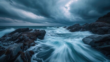 Storm clouds gather over a rocky coastline, creating a dramatic scene