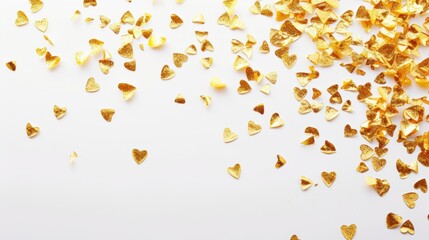 close-up photo of golden confetti shaped like heart from the front on a white background, copy space for text, minimalism  