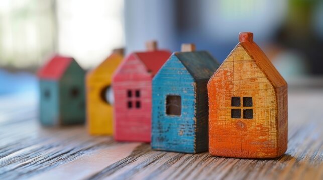 colorful wooden house models on a wooden table 