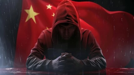 Hacker with China flag. Man computer geek in hood. Cyber developer from PRK. Hacker threat from China. Man computer scientist sits at table. White hat hacker protects China cyberspace. - obrazy, fototapety, plakaty