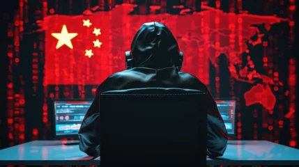 Fotobehang Hacker with China flag. Man computer geek in hood. Cyber developer from PRK. Hacker threat from China. Man computer scientist sits at table. White hat hacker protects China cyberspace. © Zahid