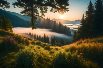 Foggy summer sunrise in the mountains