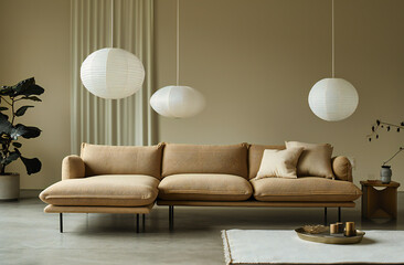 Contemporary Sofa in Modern Room, Stylish Home Interior with Elegant Furniture Design