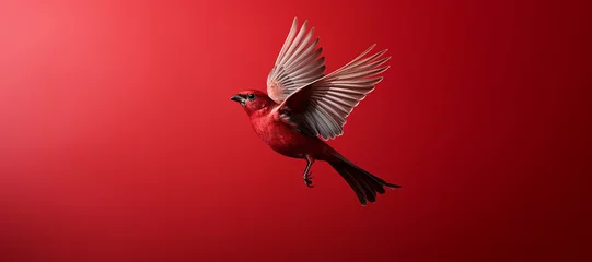 Tuinposter a red bird on a red background © Nadezda Ledyaeva