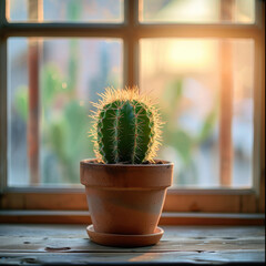 pot with small cactus plants near the window, AI Generated Images