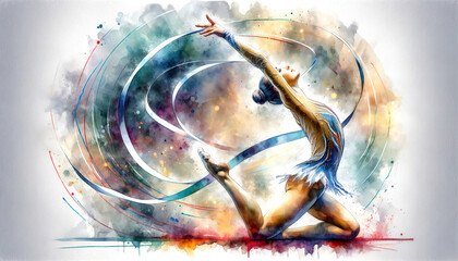 An artistic, dynamic watercolor painting of a gracefully and smoothly performing rhythmic gymnastics, surrounded by abstract swirls and splashes of bright colors. Sports concept. AI generated.