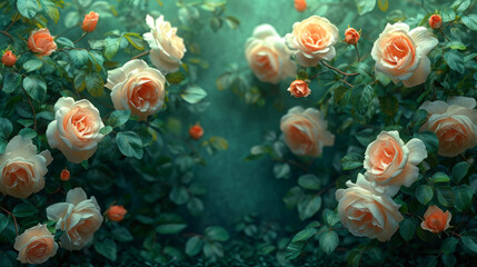 Obraz na płótnie Canvas Soft White Roses in Full Bloom on Dark Teal Textured Backdrop