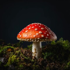 Beautiful fly agaric mushroom isolated on a black background. Amanita realistic 3D model. Toadstool trendy composition. Wide screen wallpaper, for design and banners.
