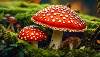 Obraz premium Beautiful fly agaric mushrooms closeup on a forest background. Amanitas macro photo. Toadstools trendy composition. Wide screen wallpaper, for design and banners.