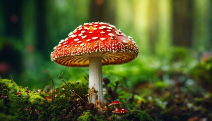 Beautiful fly agaric mushroom closeup on a forest background. Amanita macro photo. Toadstool trendy composition. Wide screen wallpaper, for design and banners.