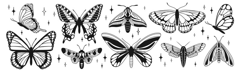 Butterflies and moths Y2k aesthetic, hand drawn. Vector graphics in trendy retro 2000s style. - obrazy, fototapety, plakaty