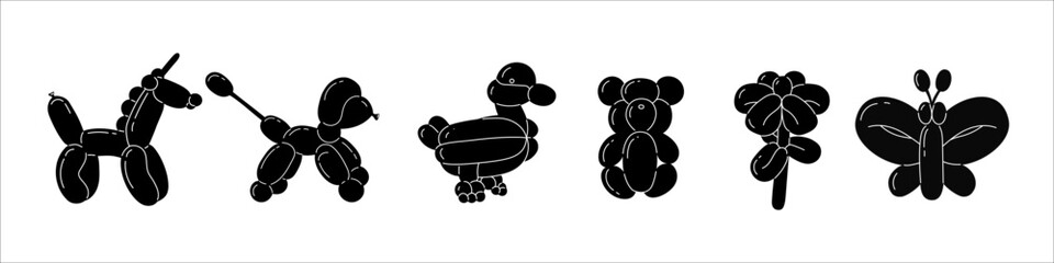 Collection of black animals made from balloons and stickers with bubbles in trendy retro 2000 style.
