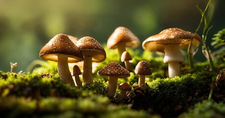 Beautiful fly agaric mushrooms closeup on a forest background. Amanitas macro photo. Toadstools trendy composition. Wide screen wallpaper, for design and banners.