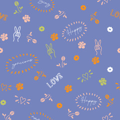 Cute, trendy ditsy conversational colorful positive letter and words seamless pattern print background with flowers, florals for fashion, textile, tshirt, girls, kids