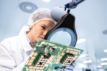 Working in electronics industry. Experienced and concentrated quality control worker inspecting...