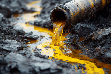 A metal pipe from an industrial plant discharges oil-contaminated wastewater onto the soil.
