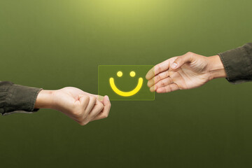 Customer show smile emoticon for rating feedback scale. Service rating, feedback, satisfaction...