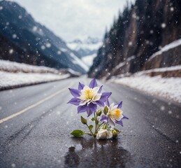 Snowfall on the road with a bouquet of crocus flowers