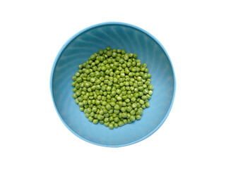 Top view of Pease in the Bowl. Healthy and green food. Fresh green peas. Pods of green organic pease in a blue bowl.