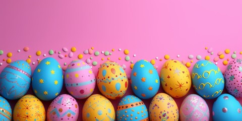 Colorful Easter Eggs Among Spring Flowers.