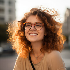 Obraz premium Woman smiling and wearing glasses. Generative AI. W003