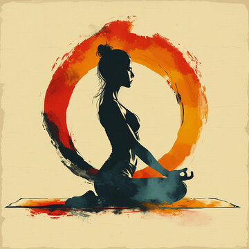A Watercolor Silhouette of a Woman in Profile Kneeling in a Virasana Yoga Position