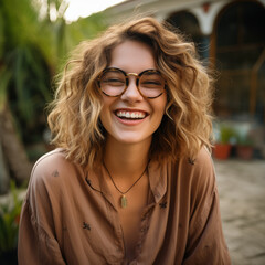 Woman smiling and wearing glasses. Generative AI. W007