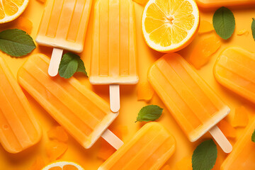 Homemade ice popsicles with fresh orange fruits
