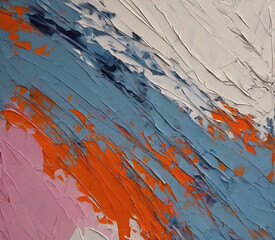 a vibrant abstract oil painting on canvas close-up as a colorful background. Blue, white, orange,...