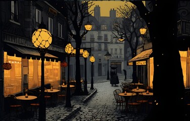 illustration of silhouette of night city street with light window  on dark grey sky background. Flat style design for web, site, banner, poster, flyer
