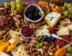 wine appetizers; assortment of cheese with fruits and nuts as background, top view