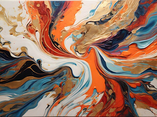 Abstract background of acrylic paints in orange, blue and brown tones. AI Generated