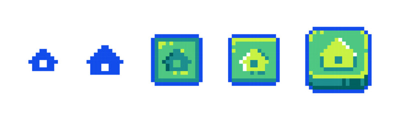 Obraz premium Pixel Home Icon Set for Retro Game UI. Retro 8-Bit Style Main Menu and Homepage Buttons
