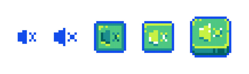 Pixel Sound Mute Icon Set for Retro Game UI. Retro 8-Bit Style Sound Off and Silent Mode Buttons