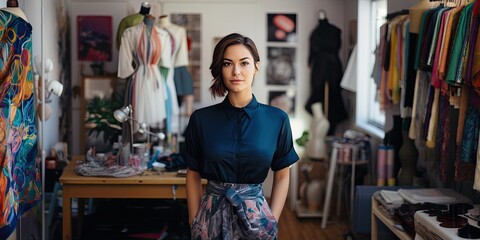 A portrait of a fashion designer woman in her studio.