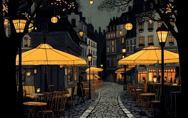 illustration of silhouette of night city street with light window  on dark grey sky background. Flat style design for web, site, banner, poster, flyer