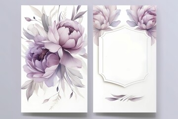 Wedding floral style double invite, invitation, save the date card design set with beautiful Purple pastel peony flower 