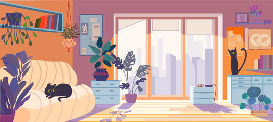 Cozy interior with pets. Cats on furniture. Bright room with wooden floors and indoor plants. Vector illustration
