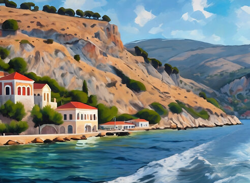 Panaromic view from ship deck on the island of Zakynthos, Greece. Oil painting of Aegean island