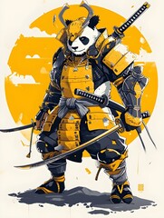 standing samurai panda illustration in cartoon style