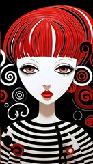 Portrait of a beautiful girl. with black hair and red hair in cartoon style. Fashion illustration