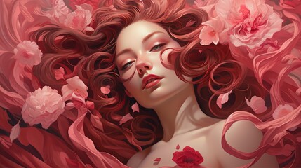 Beautiful young woman with long curly hair and red flowers in her hair.