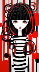 Portrait of a beautiful girl. with black hair and red hair in cartoon style. Fashion illustration