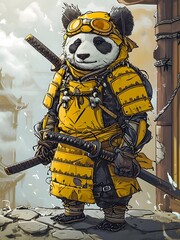 standing samurai panda illustration in cartoon style